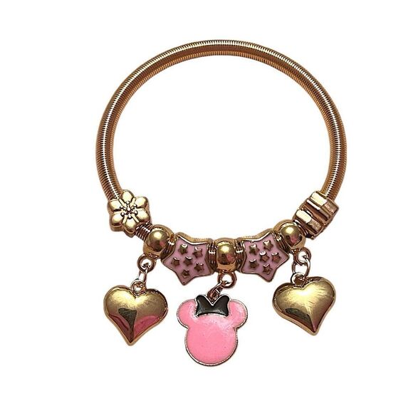 Pink Minnie Mouse Heart Stretchy Gold Tone Charm Bracelet NWT - Picture 1 of 2